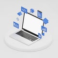 3D Render of a Laptop with Floating Icons Representing Data and Analytics computer technology Royalty Free Stock Photo