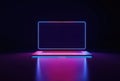 3D render laptop with neon light on ultraviolet background. Electronic device illustration virtual reality, futuristic tech Royalty Free Stock Photo