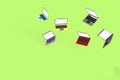 3d render of laptops of bright matte color bodies falling and flying in air tilted in various directions. electronics technology Royalty Free Stock Photo