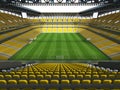 3D render of a large capacity soccer - football Stadium with an open roof and yellow seats