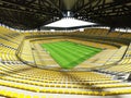 3D render of a large capacity soccer - football Stadium with an open roof and yellow seats