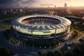 3D render of a large football stadium in the city at sunset