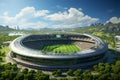 3D render of a large football stadium in the city at sunset