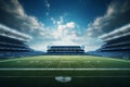 3D render of a large football stadium with green grass and VIP boxes