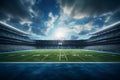 3D render of a large football stadium with green grass and VIP boxes