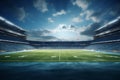 3D render of a large football stadium with green grass and VIP boxes