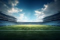 3D render of a large football stadium with green grass and VIP boxes