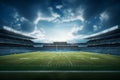 3D render of a large football stadium with green grass and VIP boxes