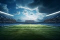 3D render of a large football stadium with green grass and VIP boxes