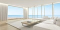 3d render of large wood windows and terrace on sea background, Modern living room with sofa and wooden floor