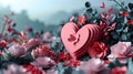 3D Render of Layered Heart Amidst Flowers. Created with Generative AI