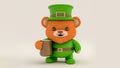 Leprechaun Teddy Bear Holding Mug On Beige Background And Copy Space. St. Patrick\'s Day Concept