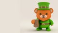 Leprechaun Teddy Bear Holding Mug On Beige Background And Copy Space. St. Patrick\'s Day Concept