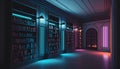 3d render of library interior with bookshelves and neon lights Royalty Free Stock Photo