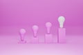 3d render light bulbs with glowing one different idea in podium. pink