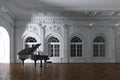 3d render of light in empty classic concert room with grand piano through the opened door Royalty Free Stock Photo