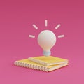 3d render lightbulb floating from book on pink background. minimal design