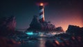 3D render of a lighthouse on a rocky shore at night. Royalty Free Stock Photo