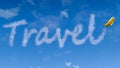 3d render of litle airplane writing word Travel in sky. Concept of vacation, travel, summer holiday, world trip, journey