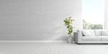 3d render of living room with sofa and vase of plant on wooden floor and concrete wall Royalty Free Stock Photo