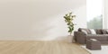 3d render of living room with sofa and vase of plant on wooden floor and white wall Royalty Free Stock Photo