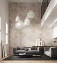 3d Render of a livingroom with brick wall and big paper ceiling lamps