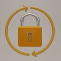 3d render Lock reload icon, Realistic Yellow Locked padlock with arrow circle. Minimal secure key protection. 3d rendering