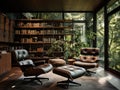 3D render of a loft luxury library in a modern villa with leather armchair and epic forest view through panoramic