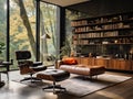 3D render of a loft luxury library in a modern villa with leather armchair and epic forest view through panoramic