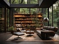 3D render of a loft luxury library in a modern villa with leather armchair and epic forest view through panoramic