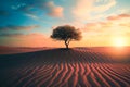 3d render of lonely tree in the desert at sunset time. Loneliness and solitude concepts