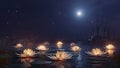 3d render Lotus flowers on a magical night on the water against the backdrop of the moon Royalty Free Stock Photo