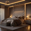 3D Render of a Luxurious Bedroom with a Tufted Headboard, Warm Lighting and Elegant Decor Royalty Free Stock Photo