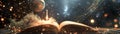 A 3D render of a magical open book with swirling constellations and planets depicted on its pages. A miniature rocket blasts off Royalty Free Stock Photo