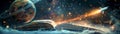 A 3D render of a magical open book with swirling constellations and planets depicted on its pages. A miniature rocket blasts off Royalty Free Stock Photo