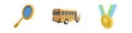 3d render magnifier, school bus, award icon set on white background. 3d rendering magnifier, school bus, award icon set