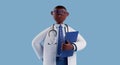 3d render, male doctor of color wears glasses and holds blue clipboard.African cartoon character. Medical clip art isolated on