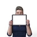 3D render of a male holding a blank tablet for content and showing surprise Royalty Free Stock Photo