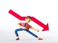 3d render. Man cartoon character with decreasing chart, financial risk warning, red arrow graph goes down. Economic crisis concept