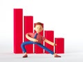 3d render. Man cartoon character with decreasing chart, financial risk warning, red graph goes down. Economic crisis concept.