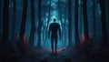 3D render man in scary forest, dark horror landscape, horror background