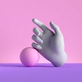 3d render, mannequin hand and ball, relaxed gesture, isolated on pink background, minimal fashion concept, simple clean design.