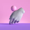 3d render, mannequin hand and ball, relaxed gesture, on pink background, minimal fashion concept, simple clean design.