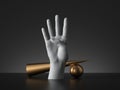 3d render, mannequin hand with golden geometric shapes, isolated on black background, modern minimal concept, simple clean design