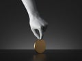 3d render, mannequin hand holding blank round golden token or coin or medal isolated on black background. Royalty Free Stock Photo