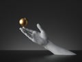 3d render, mannequin hand holding golden ball, open palm gesture isolated on black background. Modern minimal fashion concept,
