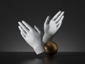 3d render mannequin hands and golden ball, culture metaphor, isolated on black background, modern minimal concept