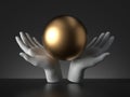 3d render mannequin hands holding golden ball, magical trick, palmistry metaphor, isolated on black background.