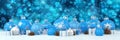 3d render - blue and silver christmas baubles over bokeh background - panorama Royalty Free Stock Photo