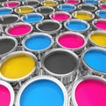 3d render of many color buckets with bright colors in cmyk